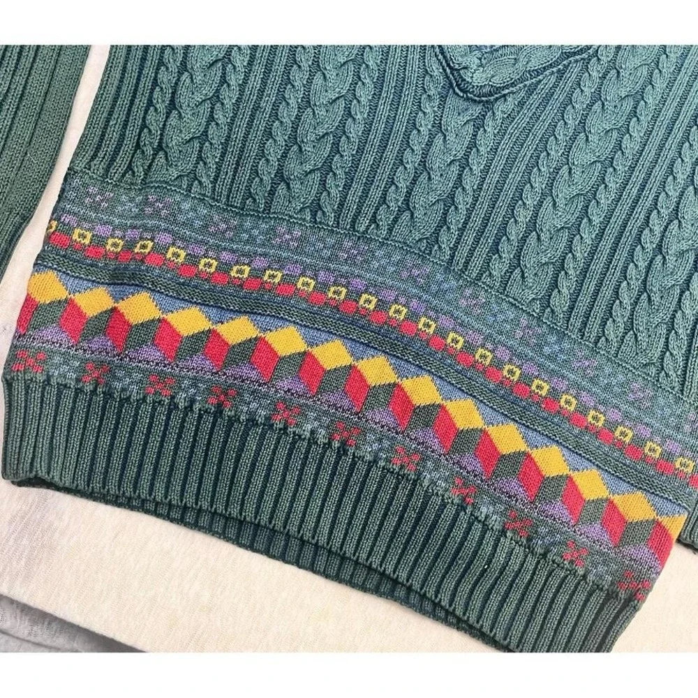 Izod Vintage 90s Cotton Sweater Men's M Green Cable Knit‎ V-Neck Geometric Trim